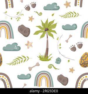 Traces d'empreinte de motif sans couture de dinosaure. Fond de couleur minimal avec patte, pierres, arc-en-ciel. Motif sans couture d'empreinte de dinosaure parfait pour Illustration de Vecteur