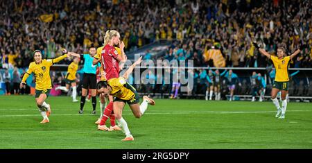 Sydney, Australie. Le 7 août 2023, Hayley Raso célèbre son but lors du match de la coupe du monde féminine de la FIFA 2023 de 16 entre l'Australie et le Danemark au Stadium Australia à Sydney, Australie (Kleber Osorio) crédit : Kleber Osorio / Alamy Live News Banque D'Images