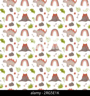 Traces d'empreinte de motif sans couture de dinosaure. Fond de couleur minimal avec patte, pierres, arc-en-ciel. Motif sans couture d'empreinte de dinosaure parfait pour Illustration de Vecteur