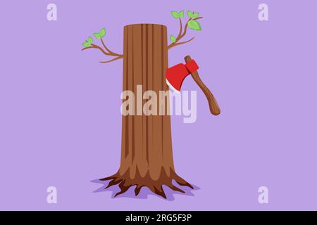 Dessin de style plat de dessin animé de hachette dans le logo de souche d'arbre à côté, icône, étiquette, symbole. Une souche d'arbre avec une hache coincée. Forêt, concept de camping. Axe vers l'intérieur Banque D'Images