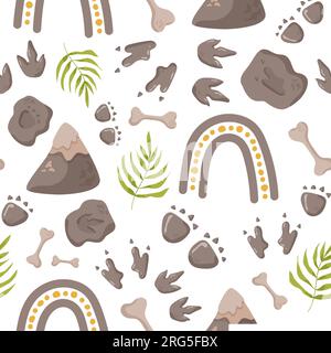Traces d'empreinte de motif sans couture de dinosaure. Fond de couleur minimal avec patte, pierres, arc-en-ciel. Motif sans couture d'empreinte de dinosaure parfait pour Illustration de Vecteur