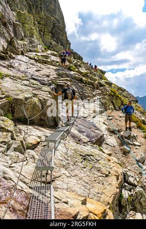 Vysoke Tatry, Slovaquie - juillet 2023 : randonnée dans les Hautes Tatras (Vysoke Tatry), Slovaquie. Les gens grimpent la colline sur la piste du Mont Rysy (2503m) Banque D'Images