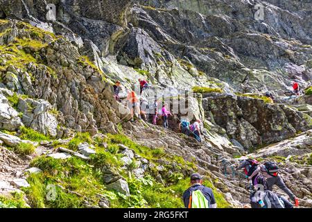 Vysoke Tatry, Slovaquie - juillet 2023 : randonnée dans les Hautes Tatras (Vysoke Tatry), Slovaquie. Les gens grimpent la colline sur la piste du Mont Rysy (2503m) Banque D'Images