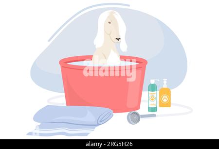 Chien mignon prenant bain moussant dans l'illustration vectorielle de dessin animé de baignoire Illustration de Vecteur