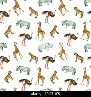 Motif sans couture. Animaux d'Afrique : girafe, rhinocéros, hyène tachetée, autruche, singes peints à l'aquarelle à la main. Convient pour l'impression sur tissu Banque D'Images