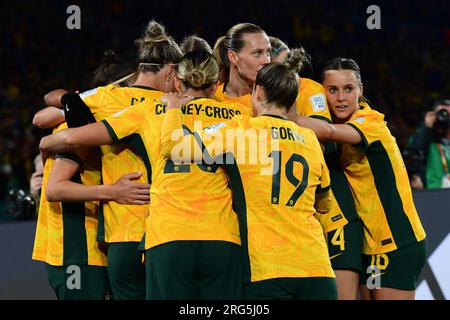 Sydney, Australie. 07 août 2023. Joueuses de l'équipe australienne de football féminin vues lors du match de la coupe du monde féminine de la FIFA 2023 entre l'Australie et le Danemark au Stadium Australia. Score final ; Australie 2:0 Danemark. Crédit : SOPA Images Limited/Alamy Live News Banque D'Images