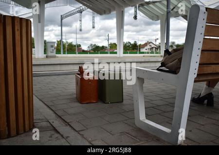 Valises vintage sur une gare Banque D'Images