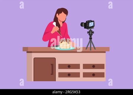 Dessin plat graphique dessinant jolie fille faisant cuire et décorant le gâteau au logo de la cuisine. Femme blogger enregistrement vidéo sur la caméra, à l'aide d'un trépied, l'affichage Banque D'Images