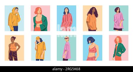 Jeunes femmes élégantes habillées dans le concept de couleur de vêtements à la mode. Tenues décontractées tendance. Illustrations numériques pour page web, application mobile, promo. Illustration de Vecteur