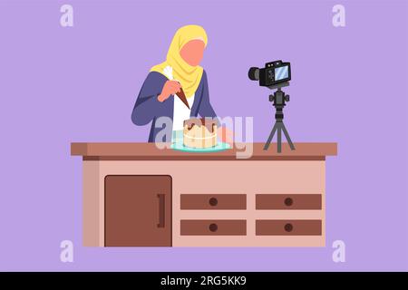 Design plat graphique dessinant belle pâtisserie de fille arabe, décoration de gâteau à la cuisine. Femme blogger enregistrement vidéo sur la caméra, à l'aide d'un trépied, l'affichage Banque D'Images