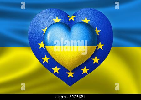 Drapeaux de l'Ukraine et de l'Union européenne. Deux cœurs dans les couleurs des drapeaux sur le fond du drapeau de l'Ukraine. Protection, solidarité et aide c Banque D'Images