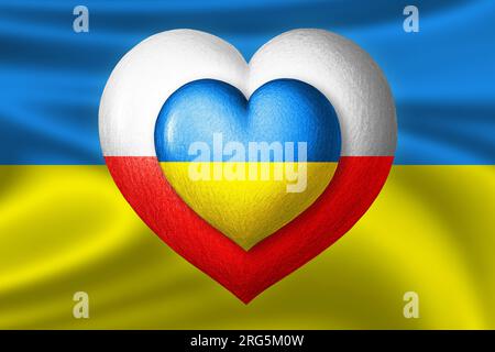 Drapeaux de l'Ukraine et de la Pologne. Deux cœurs dans les couleurs des drapeaux sur le fond du drapeau de l'Ukraine. Concept de protection, de solidarité et d'aide. Banque D'Images