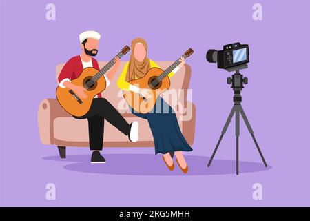 Dessin de style plat dessin arabe couple vlog influenceur exécutant un spectacle de musique en streaming à l'écoute du public en ligne à la maison. Homme femme jouant de la guitare Banque D'Images