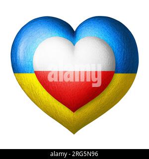 Drapeaux d'Ukraine et de Pologne. Deux coeurs aux couleurs des drapeaux isolés sur fond blanc. Concept de protection, de solidarité, de coopération et Banque D'Images