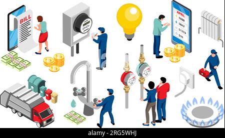 Services publics domestiques ensemble isométrique d'équipements pour la chaleur de gaz d'eau et la consommation d'électricité illustration vectorielle de mesure Illustration de Vecteur