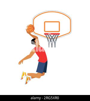 joueur de basket-ball sautant sllam gunk dans l'anneau de cerceau avec le panneau illustration vectorielle de dessin simple isolé sur fond blanc Illustration de Vecteur