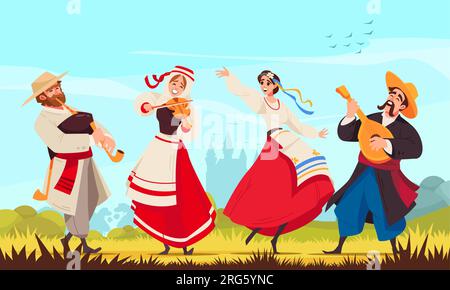 Composition de musique folklorique colorée deux paires de danseurs en costumes nationaux dansant ensemble illustration vectorielle Illustration de Vecteur