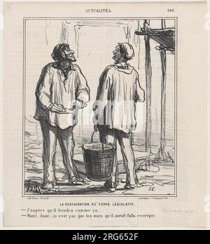 La restauration du corps législatif : –espérons qu’il tiendra ainsi. -Hum... hummm ! Peut-être ne suffisait-il pas de recoller les murs., extrait de « nouvelles du jour », publié dans le Charivari, octobre 20, 1869 20 octobre 1869 par Honoré Daumier Banque D'Images