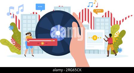 Composition plate d'école de musique avec doodle gens main avec lecteurs de disques vinyles et illustration vectorielle de notes de musique Illustration de Vecteur