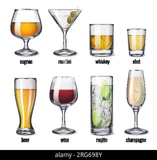 Verres de boissons alcoolisées ensemble avec icônes réalistes isolées de verres avec vin de bière de champagne et illustration vectorielle de whisky Illustration de Vecteur