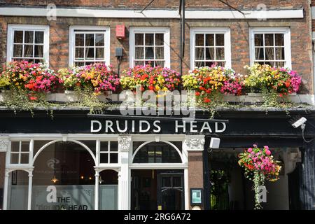 Paniers suspendus à l'extérieur de la maison publique Druids Head, Market place, Kingston upon Thames, Kingston, Surrey, KT1, Angleterre, Royaume-Uni Banque D'Images