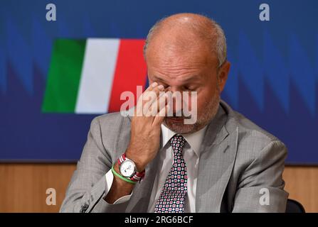 Rome, Italie. 07 août 2023. ROME - Rome 07/08/2023 Palazzo Chigi. Conférence de presse à la fin du Conseil des ministres sur la photo : le ministre de la Santé Orazio Schillaci usage éditorial seulement crédit : Agence photo indépendante / Alamy Live News Banque D'Images