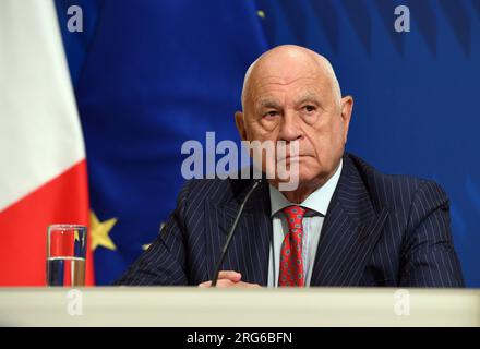 Rome, Italie. 07 août 2023. ROME - Rome 07/08/2023 Palazzo Chigi. Conférence de presse à la fin du Conseil des ministres sur la photo : le ministre de la Justice Carlo Nordio usage éditorial seulement crédit : Agence photo indépendante/Alamy Live News Banque D'Images