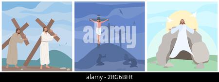 Jésus christ crucifixion Resurrection chemin à golgotha plat ensemble illustration vectorielle isolée Illustration de Vecteur