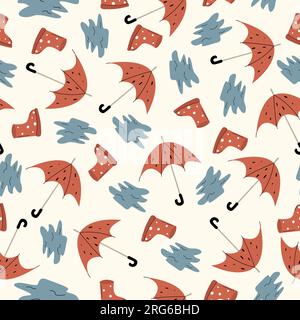 Modèle sans couture d'automne avec flaques d'eau, parapluies et bottes à pois en caoutchouc Illustration de Vecteur