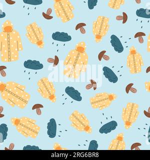 Modèle sans couture d'automne avec pluie, imperméable jaune et champignons Illustration de Vecteur