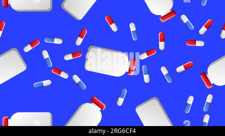 Sans fin modèle sans couture des articles médicaux scientifiques médicaux de bocaux pharmacologiques pour pilules et pilules de médicaments capsules sur un fond bleu. VVecto Illustration de Vecteur