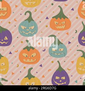 Modèle sans couture de Halloween Cute Funny Pumpkins. Carvind récolte des légumes pour la fête d'automne des enfants. Parfait pour l'impression, paquet, papier, carte Illustration de Vecteur