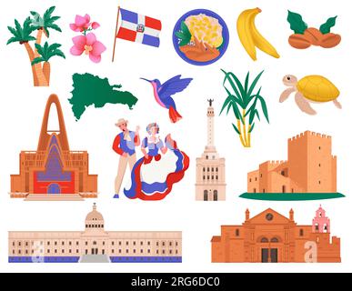 république dominicaine Voyage set avec des icônes isolées de vue de face des bâtiments célèbres vues nourriture et illustration vectorielle de la nature Illustration de Vecteur