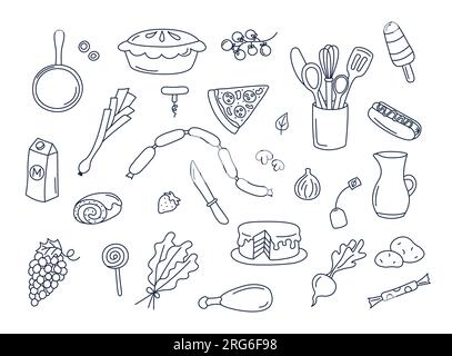 Ensemble vectoriel de grillades culinaires d'éléments de cuisson isolés. Doodle illustrations collection d'ustensiles, ustensiles de cuisine, nourriture, ingrédients, objets de cuisine Illustration de Vecteur