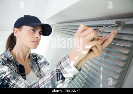 femme installant des stores roulants sur les fenêtres Banque D'Images