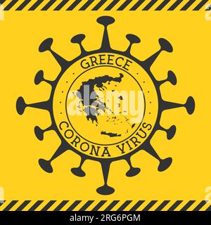 Corona virus en Grèce signe. Badge rond avec forme de virus et carte de Grèce. Timbre de verrouillage de l'épidémie du pays jaune. Illustration vectorielle. Illustration de Vecteur