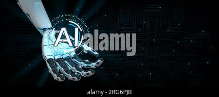 Main blanche de robot de forme humaine tenant les lettres ai sur un fond sombre de cartes de circuits imprimés. Illustration 3D. Banque D'Images