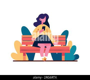 Illustration plate d'une fille utilisant un mobile tout en étant assise sur un banc Illustration de Vecteur