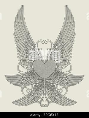 coeur avec six ailes et ornement. illustration vectorielle de gravure vintage Illustration de Vecteur