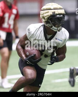 Metairie, États-Unis. 07 août 2023. Kirk Merritt (33 ans) court pendant le camp d'entraînement des Saints de la Nouvelle-Orléans à l'Ochsner Sports Performance Center Indoor Facility à Metairie, Louisiane, le lundi 7 août 2023. (Photo de Peter G. Forest/Sipa USA) crédit : SIPA USA/Alamy Live News Banque D'Images