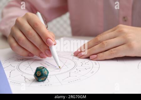 Astrologue utilisant la roue du zodiaque pour la prévision de destin à table, closeup. Dire la fortune Banque D'Images