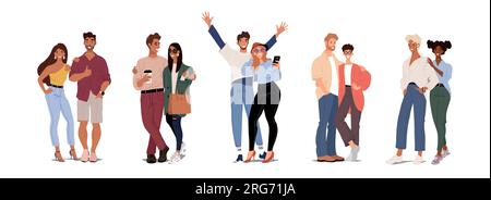 Ensemble de couples hétérosexuels modernes, collègues, amis. Des groupes de jeunes étudiants, des gens amoureux. Le concept de relations et de rencontres. Vecto plat Illustration de Vecteur