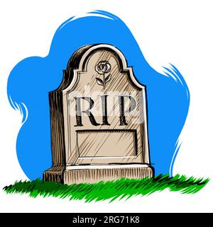 Pierre tombale avec des lettres RIP. Encre dessinée à la main sur papier et couleur à la main sur tablette Banque D'Images