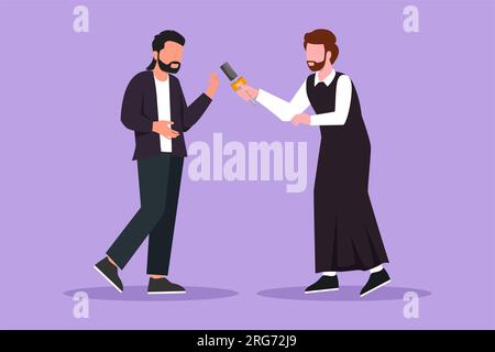 Dessin de style plat dessin actif homme arabe journaliste avec microphone faisant interview avec homme d'affaires. Journaliste professionnel en conversation, a Banque D'Images