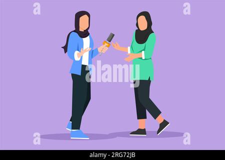 Design plat graphique dessinant femme d'affaires arabe donnant une interview en présence d'un journaliste avec microphone. Belle femme journaliste tv intervi Banque D'Images