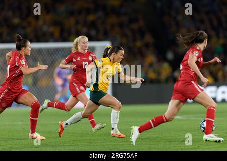Sydney, Australie. 07 août 2023. Hayley Raso, australienne, court avec le ballon lors du match de la coupe du monde féminine de la FIFA 2023 Round of 16 entre l'Australie et le Danemark au Stadium Australia le 7 août 2023 à Sydney, Australie Credit : IOIO IMAGES/Alamy Live News Banque D'Images