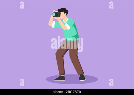 Dessin de style plat de dessin animé photographe masculin prenant la pose de photo. Caméra et opérateur professionnel, correspondant homme. Jeune homme avec caméra faisant pic Banque D'Images