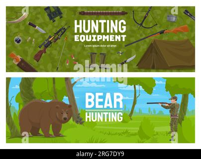 Équipement de sport de chasse, ours avec bannières vectorielles de chasseur. Fusil de tir de personnage de chasseur de dessin animé et animal grizzly brun avec des arbres forestiers. Fusil de chasse, arc, boussole, couteau, fusil de chasse et tente Illustration de Vecteur