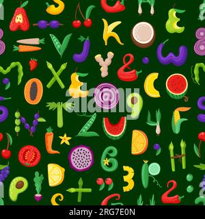 Lettres de police de fruits et légumes de dessin animé modèle sans couture d'aliments sains de vecteur. Fond d'alphabet de légumes frais avec tomate, orange, maïs et banane, pomme, concombre, lettres carotte et asperge Illustration de Vecteur