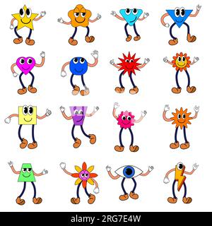 Ensemble de dessins animés de Groovy drôle personnages de sourire de dessin animé, vintage. Autocollants d'émoticônes funky comic Bright Illustration de Vecteur